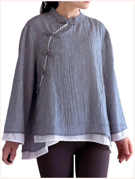 Tops - 3/4 Length Sleeve Cotton Linen Button Down Shirt Chinese Frog Casual Blouse